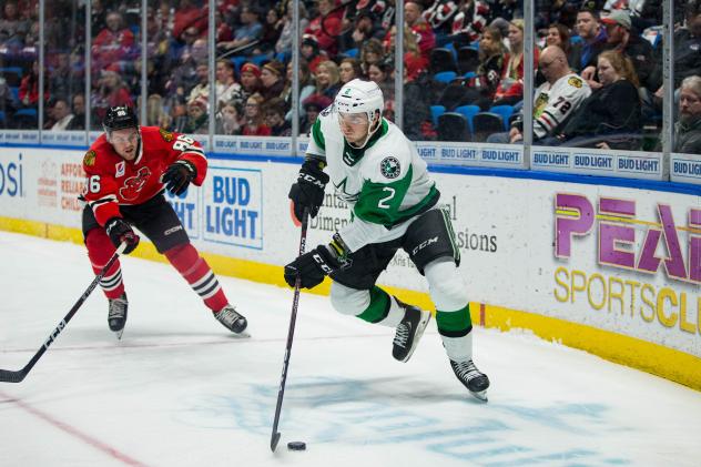 Rockford IceHogs' Mike Hardman battles Texas Stars' Ryan Shea