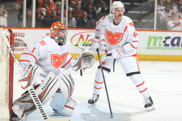 Lehigh Valley Phantoms' Troy Grosenick and Kevin Connauton on game night
