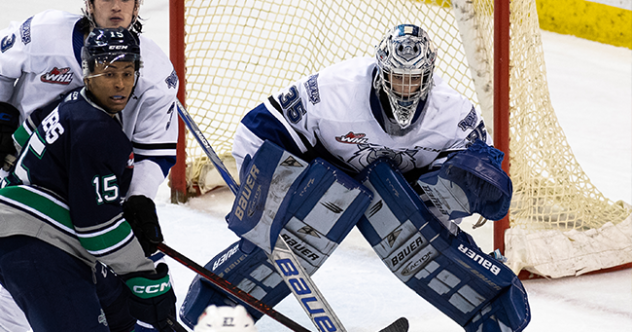 Victoria Royals goaltender Nicholas Cristiano faces the Seattle Thunderbirds