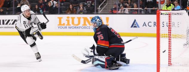 Ontario Reign left wing Samuel Fagemo scores against the Coachella Valley Firebirds