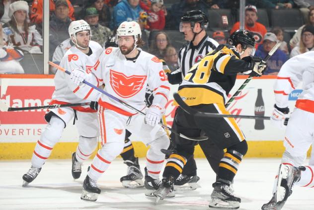 Lehigh Valley Phantoms left wing Elliot Desnoyers vs. the Providence Bruins