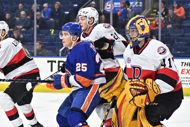 Bridgeport Islanders' Chris Terry and Belleville Senators' Maxence Guenette and Luke Richardson on game night
