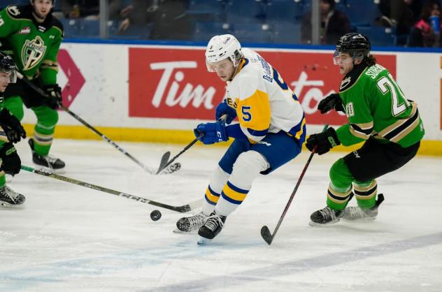 Saskatoon Blades' Aidan De La Gorgendiere versus Prince Albert Raiders' Keaton Sorensen