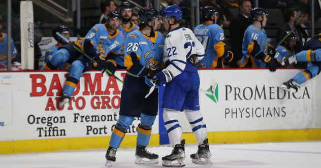 Toledo Walleye's Riley McCourt versus Wichita Thunder's Michal Stinil