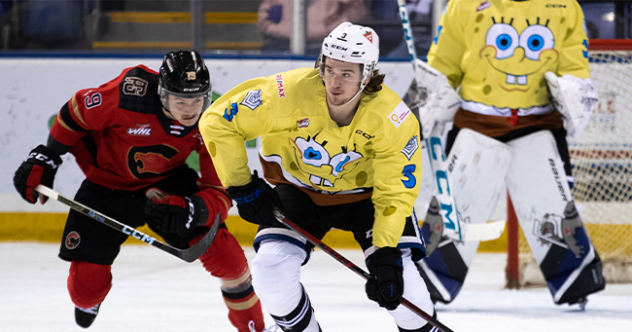 Prince George Cougars' Carlin Dezainde and Victoria Royals' Justin Kipkie in action