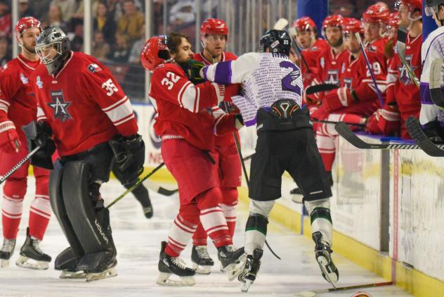 Allen Americans right wing Mikael Robidoux (left) welcomes the Utah Grizzlies