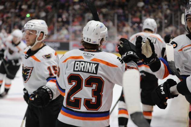 Lehigh Valley Phantoms forward Bobby Brink receives congratulations