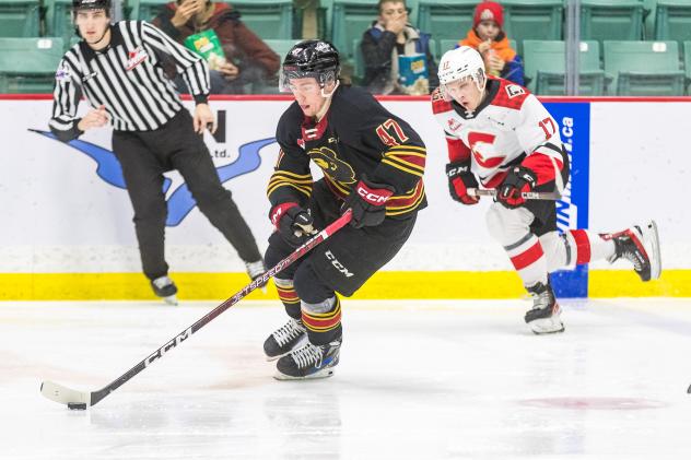 Vancouver Giants' Mazden Leslie and Prince George Cougars' Zac Funk in action
