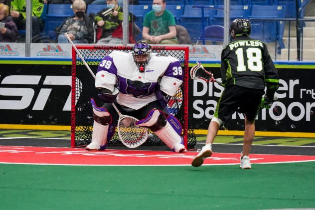 Saskatchewan Rush forward Marshall Powless takes a shot against Panther City