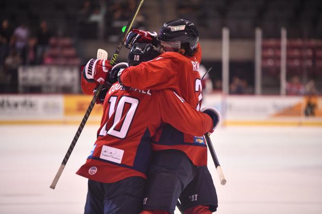 South Carolina Stingrays' Lawton Courtnall and Chaz Reddekopp celebrate win