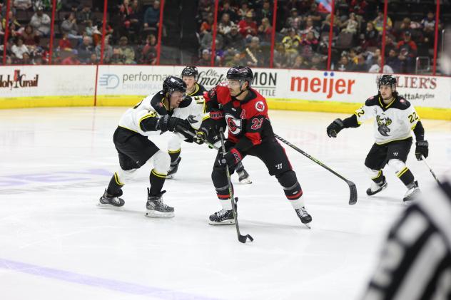 Cincinnati Cyclones' Louie Caporusso battles Iowa Heartlanders' Brendan Robbins