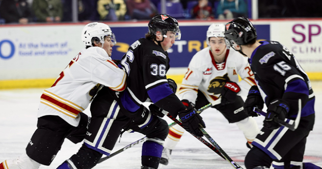 Victoria Royals' Alex Edwards and Ryan Spizawka battle Vancouver Giants' Jaden Lipinski and Dylan Anderson