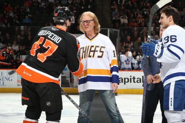 Lehigh Valley Phantoms' Louie Belpedio and Toronto Marlies' Joseph Blandisi on game night