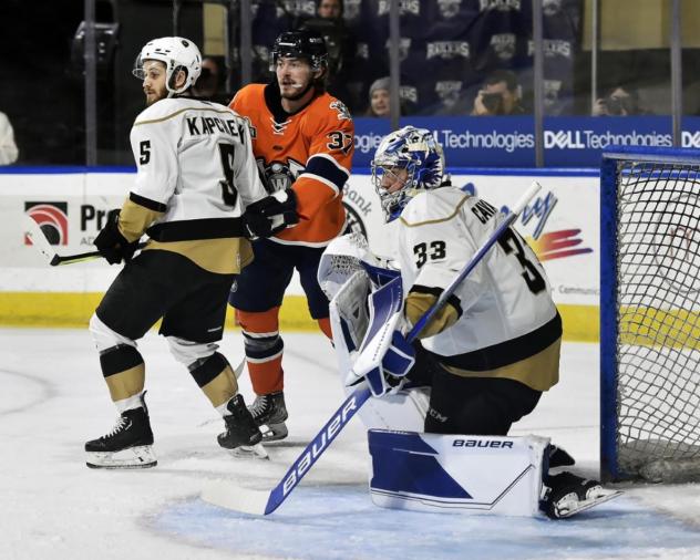 Worcester Railers' Max Johnson and Newfoundland Growlers' Brennan Kapcheck and Luke Cavallin on the ice