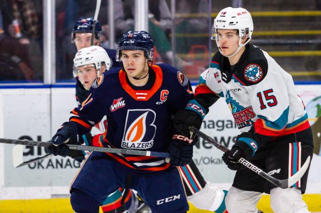 Kamloops Blazers' Logan Stankoven and Kelowna Rockets' Trae Johnson on game night