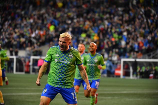 Seattle Sounders FC forward Jordan Morris reacts after his goal