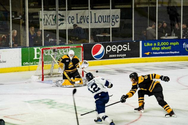 Worcester Railers forward Brent Beaudoin takes a shot against the Maine Mariners