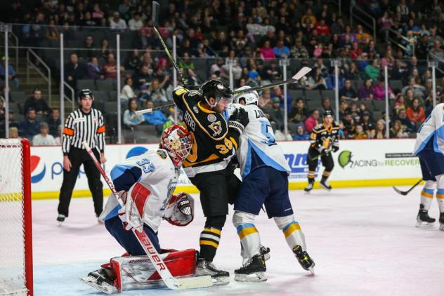 Wheeling Nailers forward Gianluca Esteves is sandwiched by the Toledo Walleye