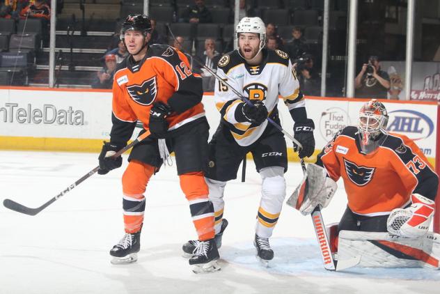 Lehigh Valley Phantoms goaltender Nolan Maier and defenseman Ronnie Attard vs. the Providence Bruins