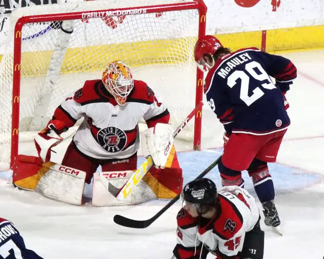 Allen Americans left wing Colby McAuley eyes the Rapid City Rush goal