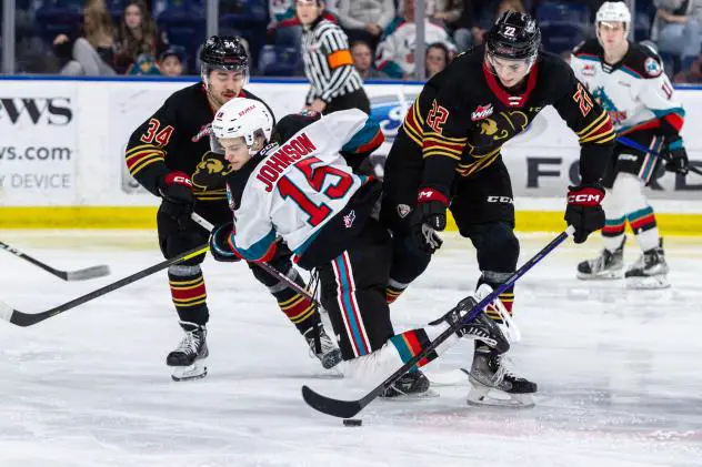Kelowna Rockets left wing Trae Johnson vs. the Vancouver Giants