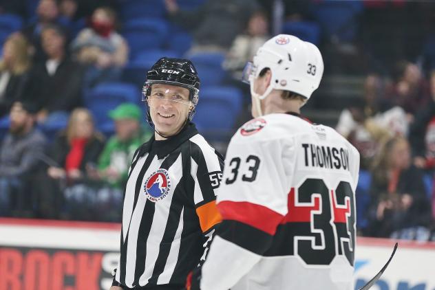 Belleville Senators' Lassi Thomson talks with a referee