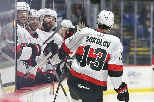 Belleville Senators' Egor Sokolov greets teammates