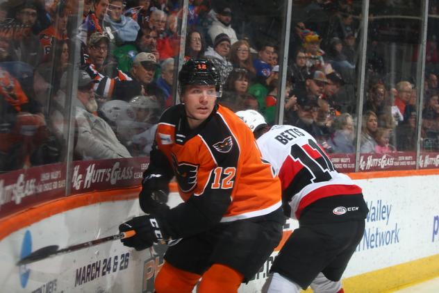 Lehigh Valley Phantoms' Ronnie Attard and Belleville Senators' Kyle Betts on game night