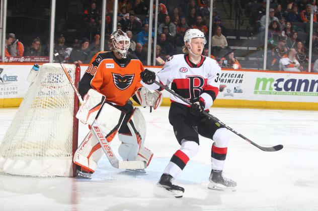 Lehigh Valley Phantoms' Samuel Ersson and Belleville Senators' Roby Jarventie