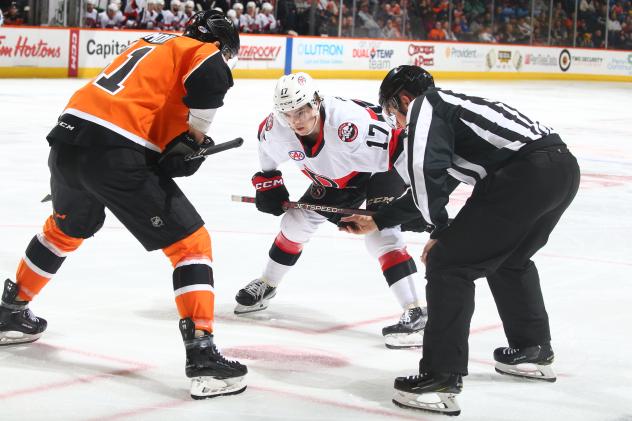 Lehigh Valley Phantoms' Artem Anisimov versus Belleville Senators' Ridly Greig