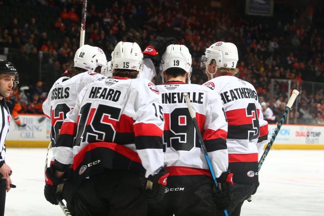 Belleville Senators' Cole Cassels, Mitchell Heard, John Quenneville and Dillon Heatherington on game night