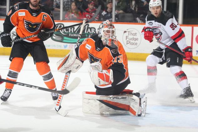 Lehigh Valley Phantoms' Cal O'Reilly and Nolan Maier and Utica Comets' Timur Ibragimov