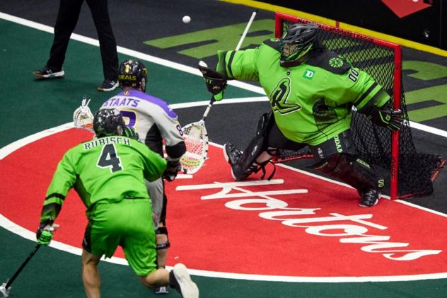 Saskatchewan Rush's Kyle Rubisch and Alex Buque versus San Diego Seals' Austin Staats