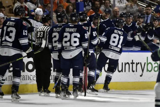 Worcester Railers celebrate a goal