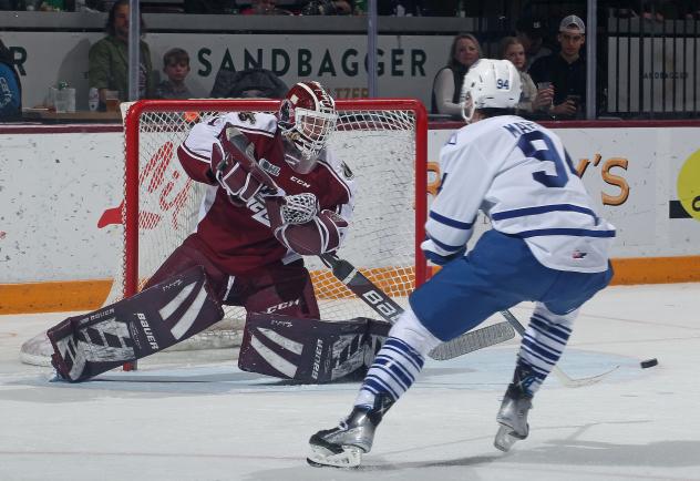 Peterborough Petes goaltender Liam Sztuska vs. the Mississauga Steelheads