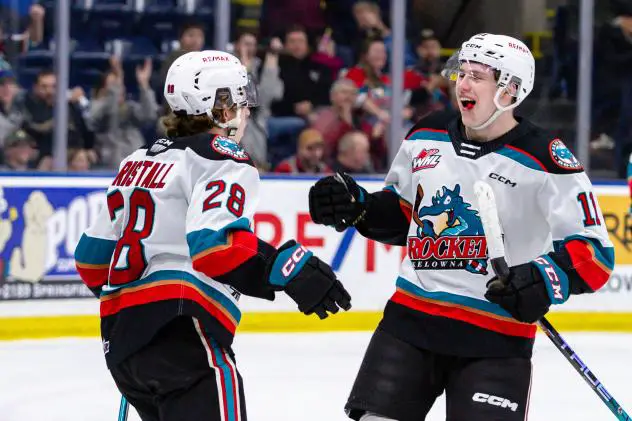 Kelowna Rockets right wing Andrew Cristall and left wing Carson Golder