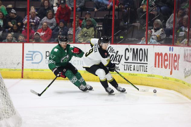 Cincinnati Cyclones' Luka Burzan versus Iowa Heartlanders' Nolan Orzeck