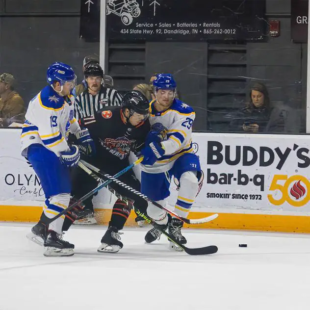 Knoxville Ice Bears' Razmuz Waxin-Engback battles Roanoke Rail Yard Dawg's Brady Heppner and Brendan Pepe