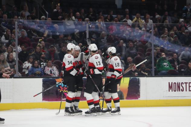 Belleville Senators' Roby Jarventie, Egor Sokolov and Cole Cassels on the ice