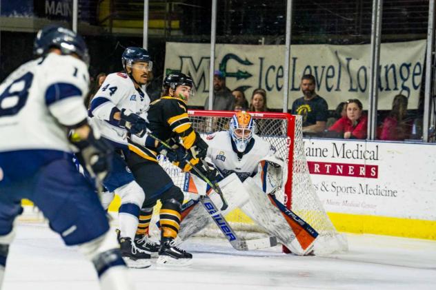 Worcester Railers HC goaltender Henrik Tikkanen vs. the Maine Mariners