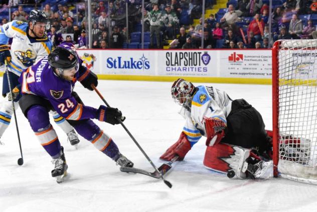 Atlanta Gladiators goaltender Alex Sakellaropoulos makes a stop against the Reading Royals