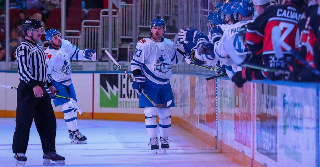 Wichita Thunder exchange fist bumps along the bench