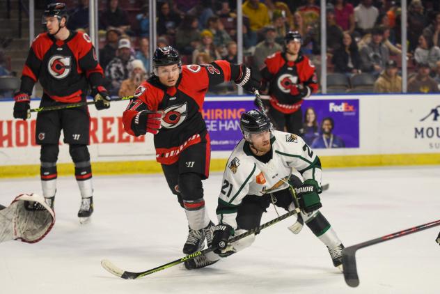 Cincinnati Cyclones' Patrick Polino and Utah Grizzlies' Tyler Penner in action