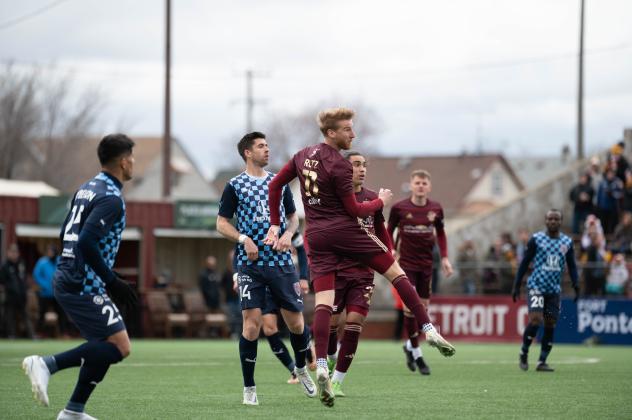 Detroit City FC midfielder Connor Rutz (right) vs. Indy Eleven