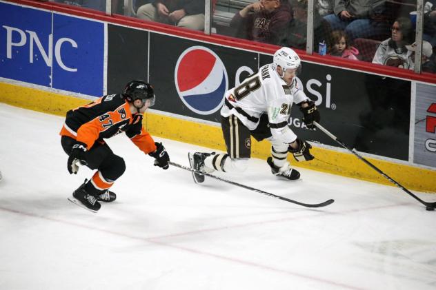 Lehigh Valley Phantoms' Louie Belpedio versus Hershey Bears' Ethen Frank