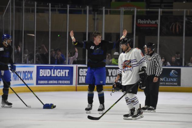 Spencer Kennedy of the Roanoke Rail Yard Dawgs reluctantly leaves the ice