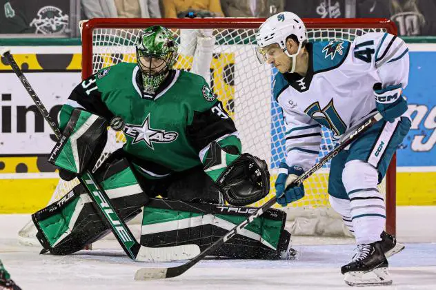 Texas Stars' Scott Wedgewood and San Jose Barracuda's Kyle Criscuolo in action