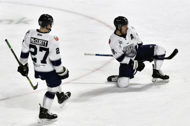 Worcester Railers' Myles McGurty and Anthony Repaci on the ice