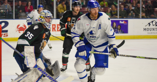 Utah Grizzlies' Lukas Parik and Wichita Thunder's Jay Dickman in action