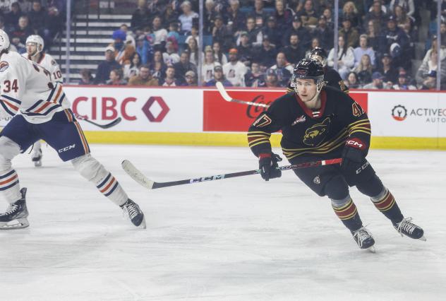 Vancouver Giants defenceman Mazden Leslie vs. the Kamloops Blazers